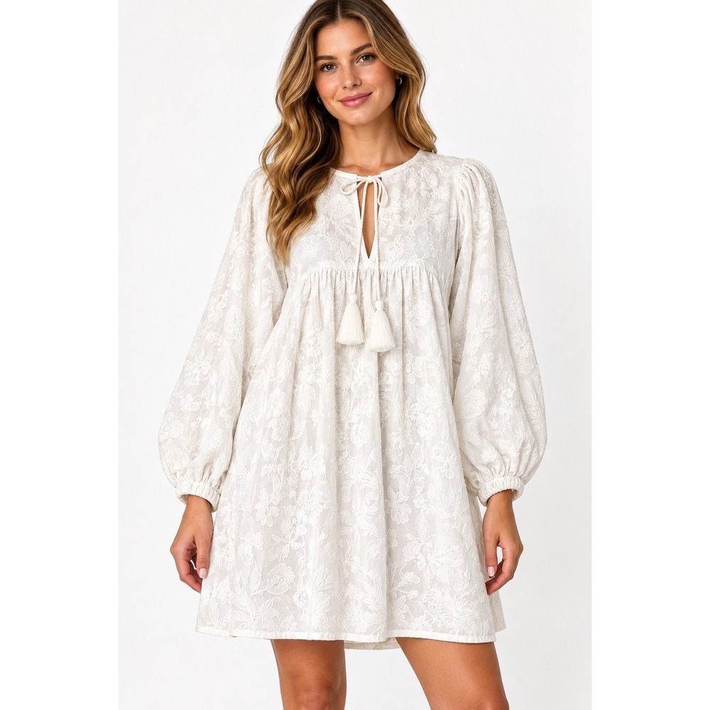 Mille Resort & Travel Mini Dress Embroidered Cotton Puff Sleeve Boho white XL